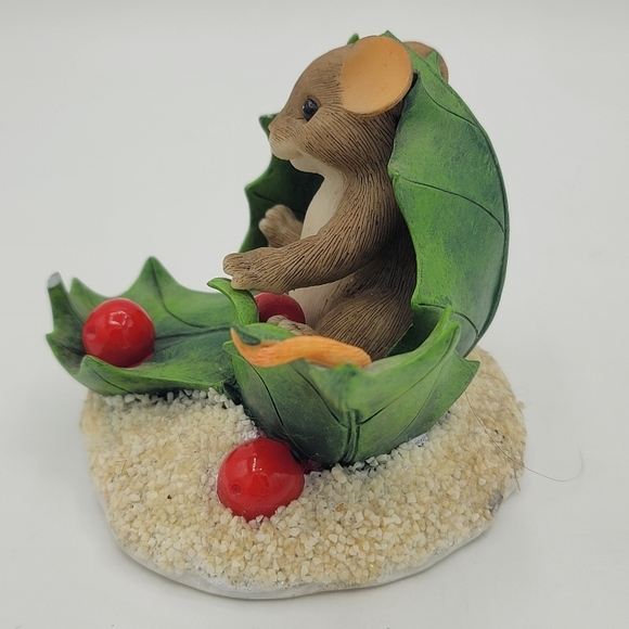 Fitz and Floyd Charming Tails Happy Holly Days Mouse w Holly Leaves 90s Vintage - Picture 2 of 12